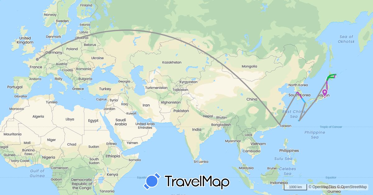 TravelMap itinerary: driving, bus, plane, train, boat in China, France, Japan, South Korea (Asia, Europe)